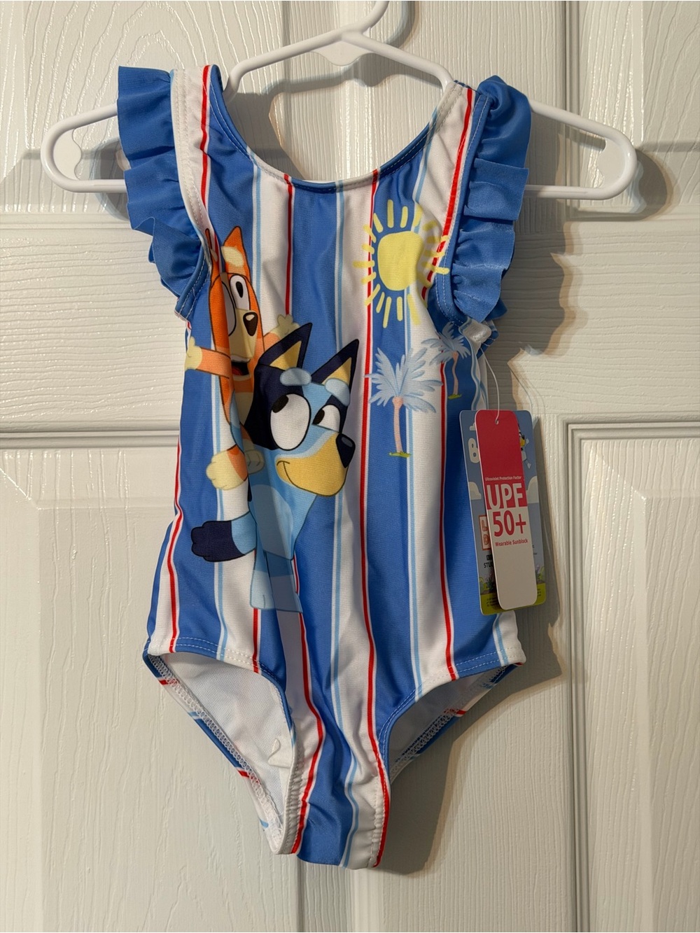 Blue Striped Kids' One-Piece Swimsuit with Cartoon Print
